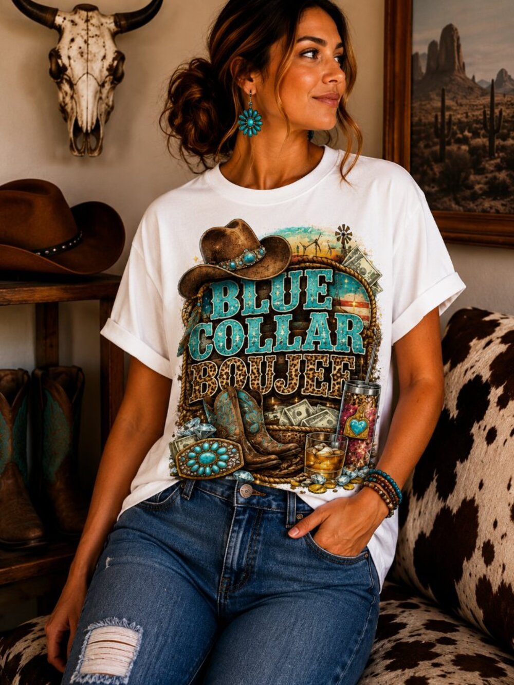 Blue Collar Boujee Graphic Tee Country Western Cowgirl T-Shirt White